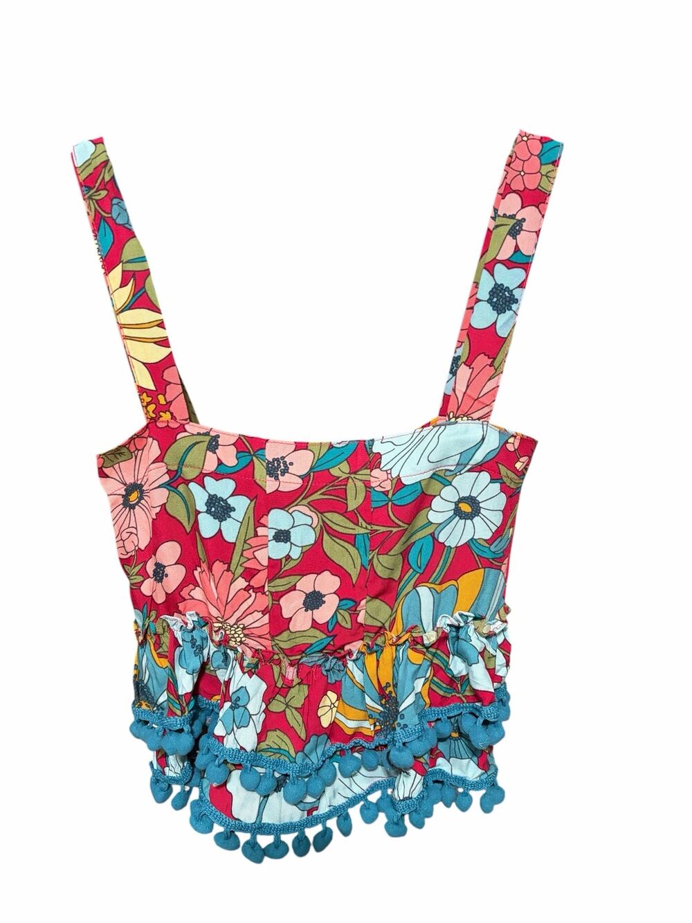 Natural Life Ruffle Tote Bag Floral Patchwork Pom Pom Boho Festival Cottagecore